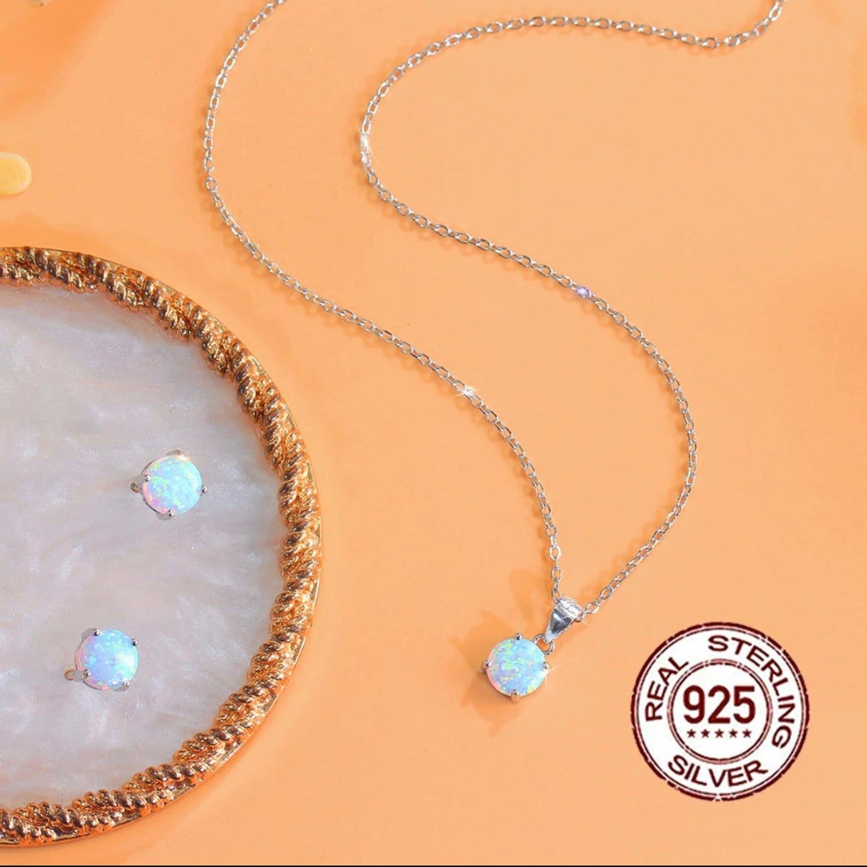 T040 collar de plata  y aretes  925 con OPALO claro