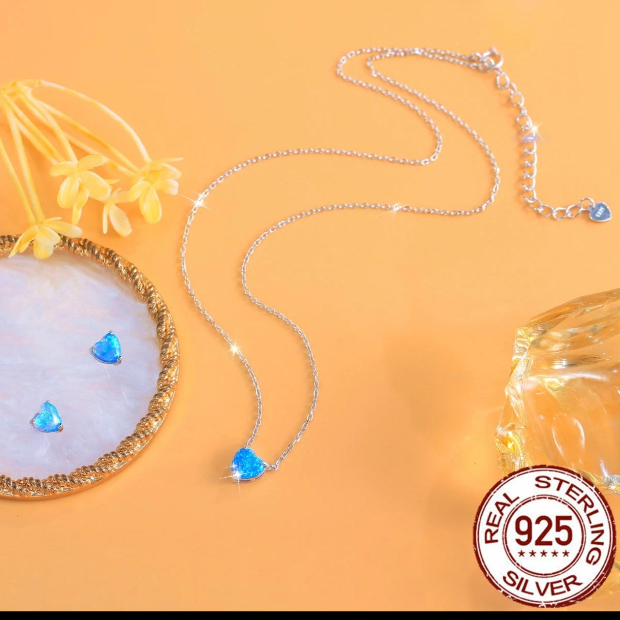 T054 Collar y Aretes  de plata  925 con OPALO AZUL