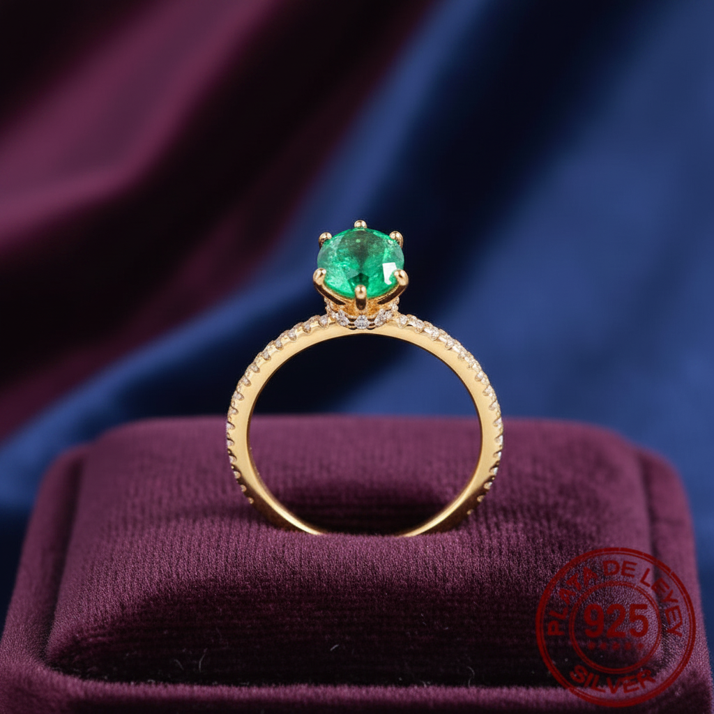 R012 Anillo plata  Esmeralda sintetica enchapado en ORO