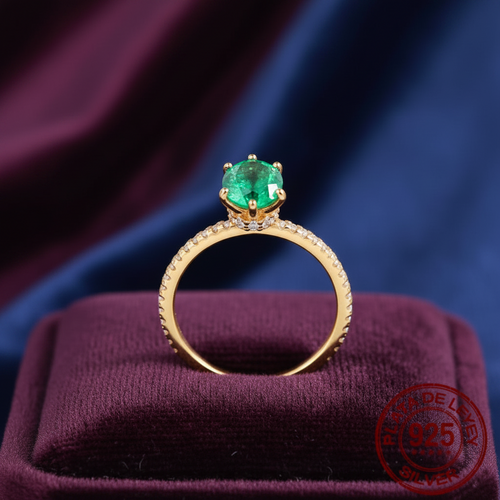 R012 Anillo plata  Esmeralda sintetica enchapado en ORO