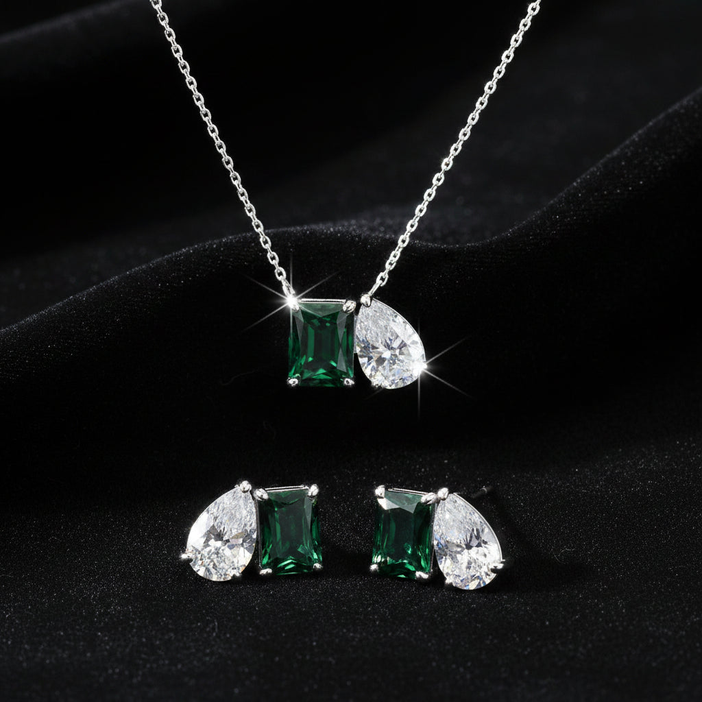 T070 Collar de plata  y Aretes  925 con esmeralda lab (zirconia verde)