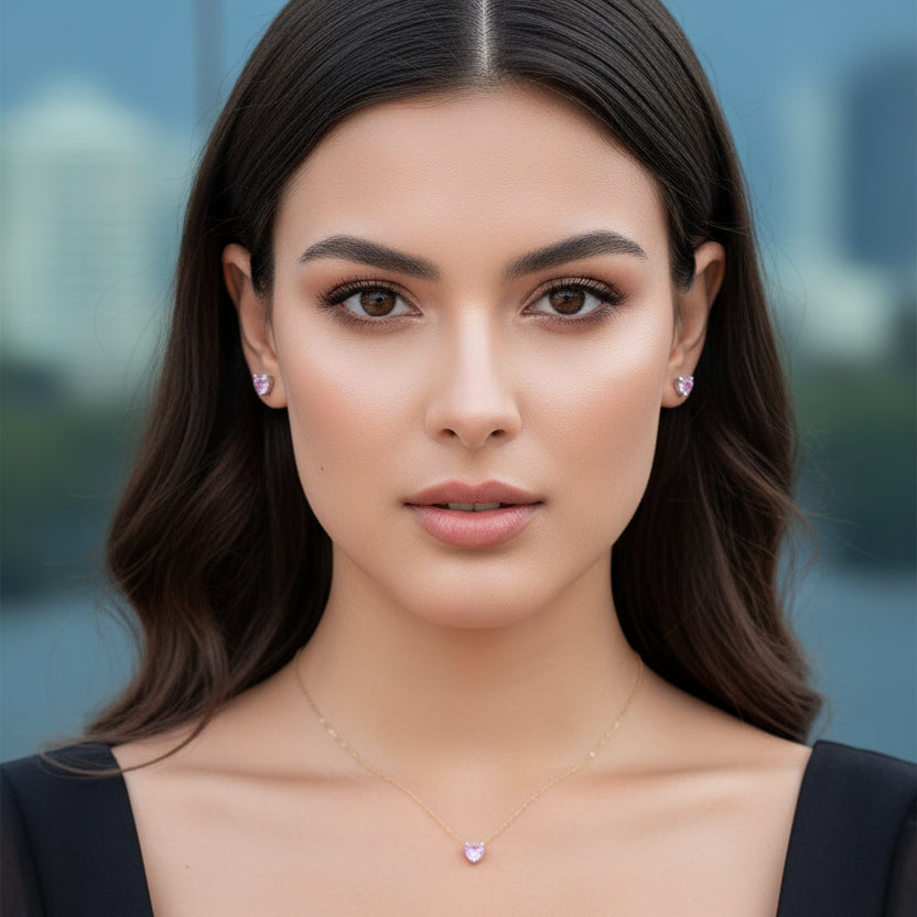 T029 Collecion collar y aretes  plata  S925 CORAZON ROSADO