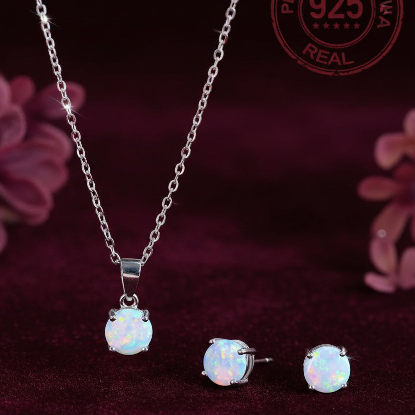 T040 collar de plata  y aretes  925 con OPALO claro