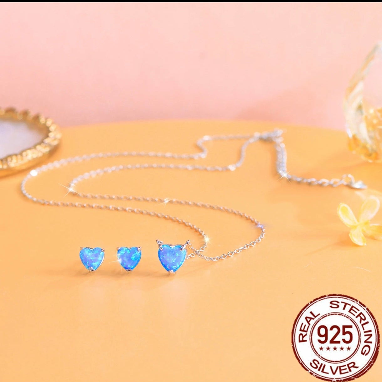 T054 Collar y Aretes  de plata  925 con OPALO AZUL