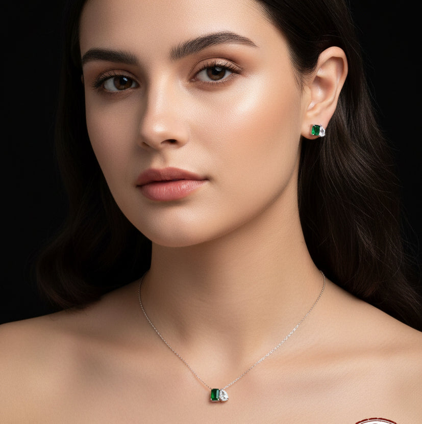 T070 Collar de plata  y Aretes  925 con esmeralda lab (zirconia verde)