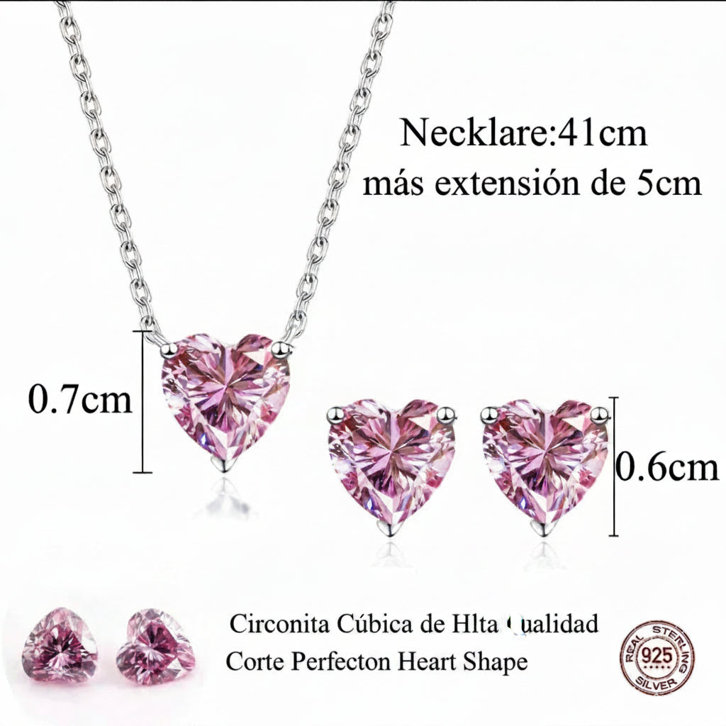 T029 Collecion collar y aretes  plata  S925 CORAZON ROSADO
