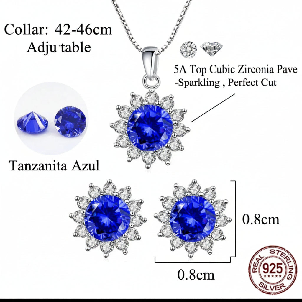 T026 Colección Collar y Aretes de plata  S925 CON TANZANITA