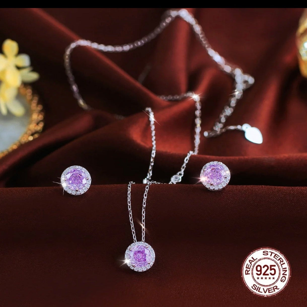 T062 collar  y aretes de plata  925 con zirconia en forma de Flor